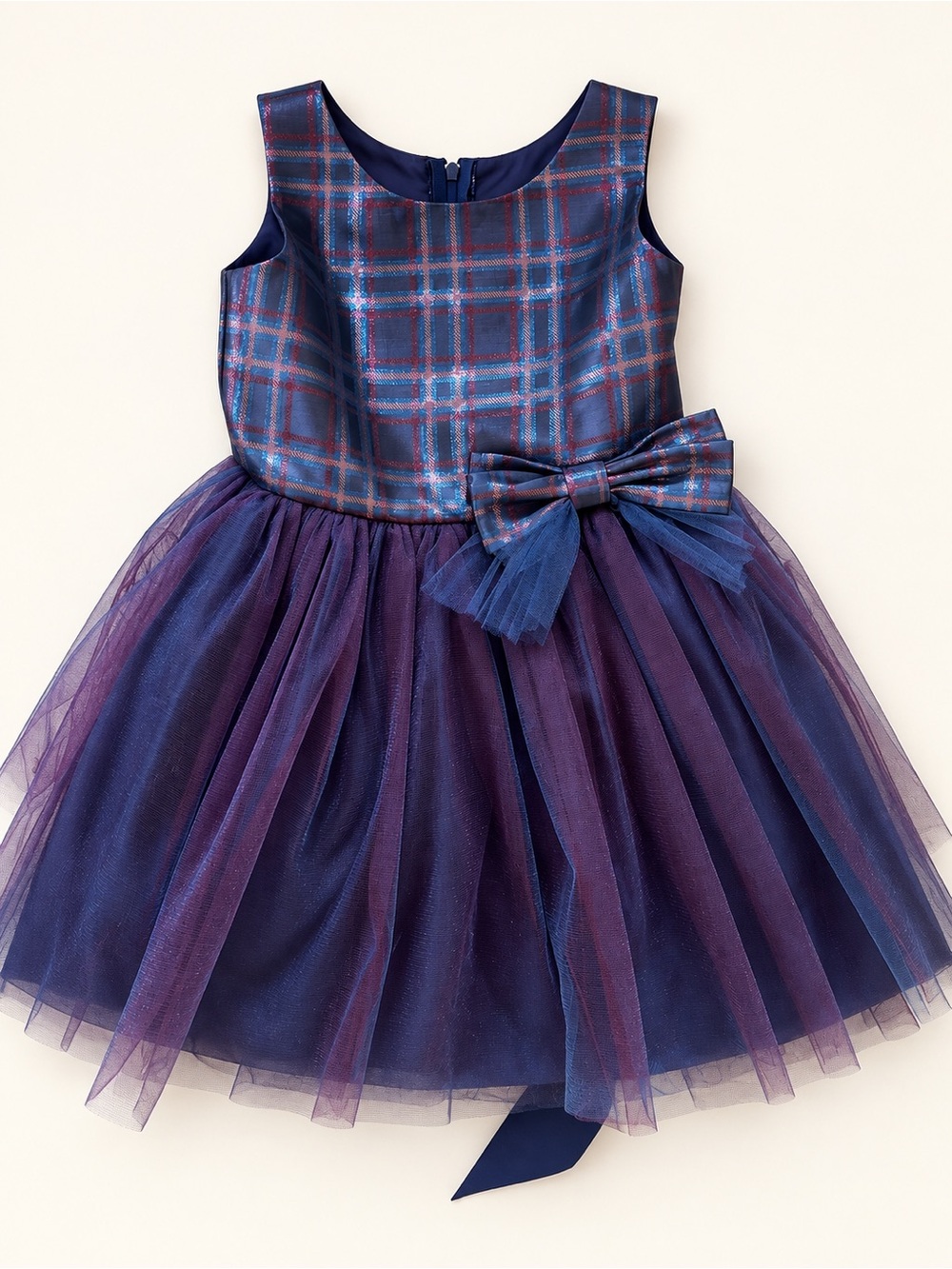 Girls Navy Plaid Tulle Party Dress with Bow